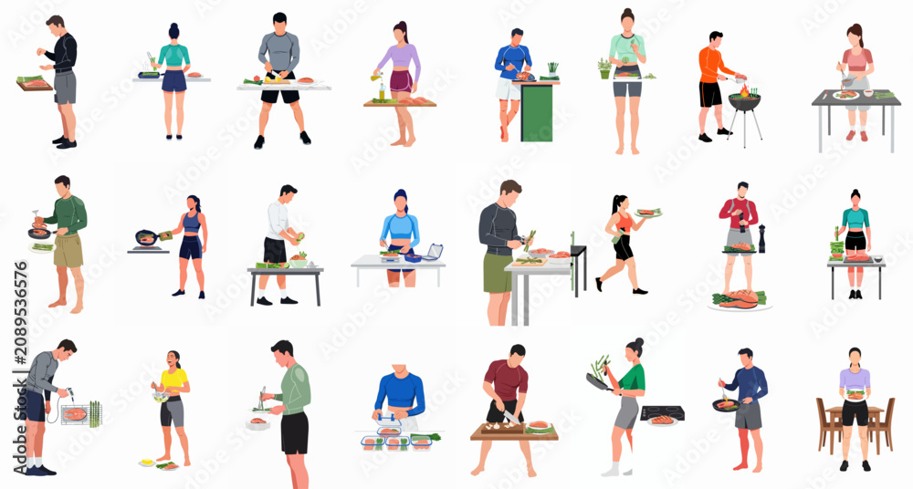 Fototapeta premium Set of flat vector illustrations of fit men and women preparing, cooking, and meal prepping healthy dishes with salmon and fresh vegetables.