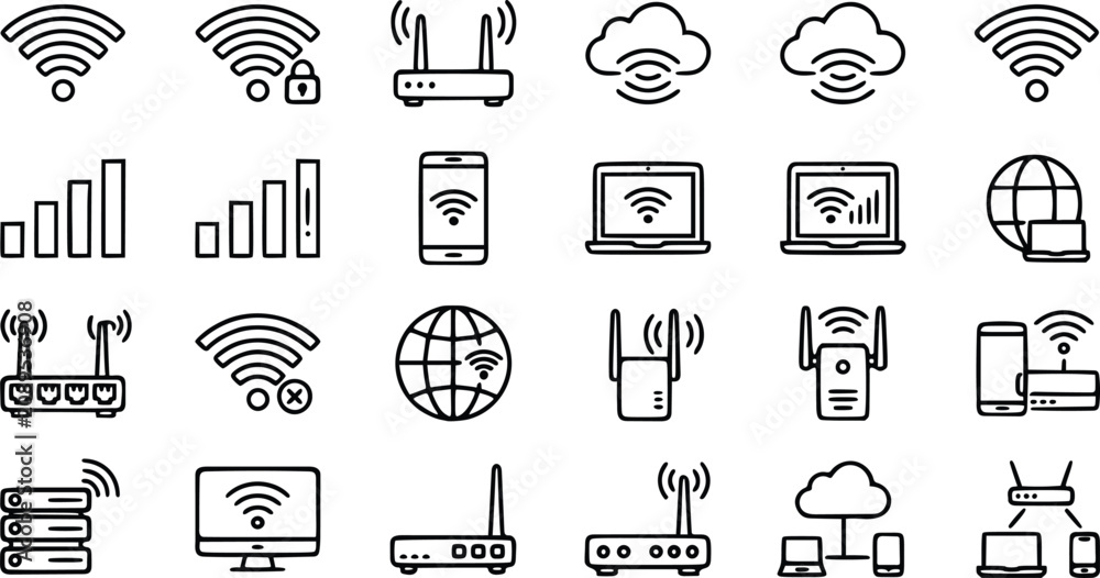 Fototapeta premium Wireless network and wifi router line art icon set