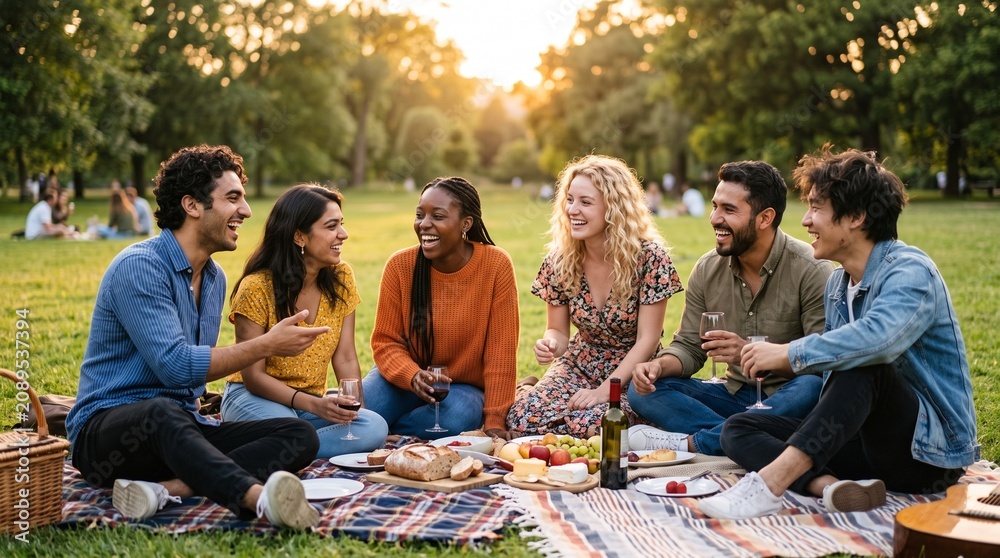 Fototapeta premium Group of diverse friends enjoying a picnic with wine in a sunny park at sunset.