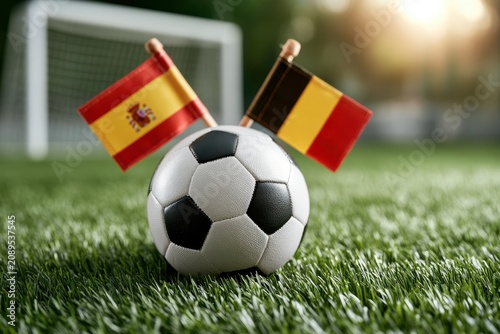 Spain and Belgium flags on a soccer ball. Football match concept.