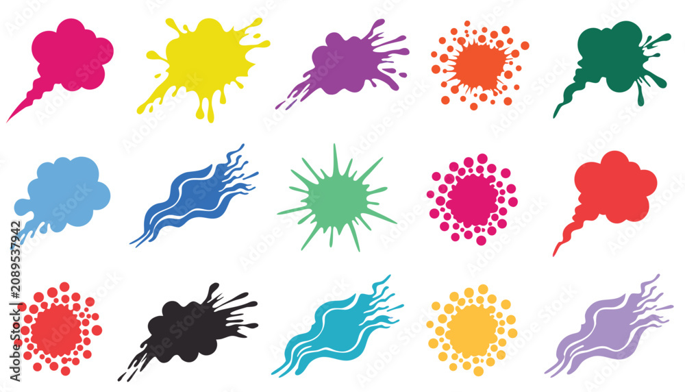Obraz premium A vibrant collection of fifteen colorful abstract splatters, waves, and starbursts, each infused with distinct internal patterns, presented clearly on a clean white background.