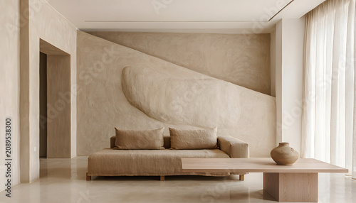 Sensory Plaster Minimalism: Calm minimalist interior design showcasing sculptural beige plaster wall behind modern low sofa creating serene peaceful atmosphere