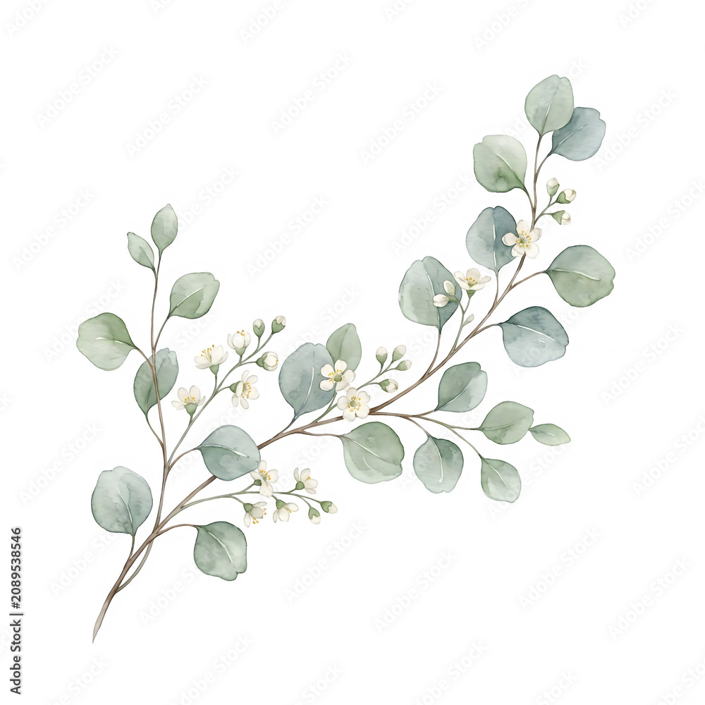Obraz premium A delicate watercolor illustration of an eucalyptus branch with small white flowers isolated on a black background.