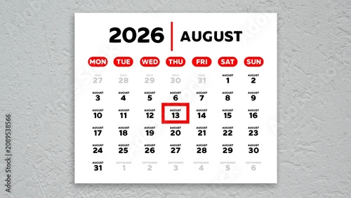 Red cursor highlighting August 13th on a 2026 wall calendar page