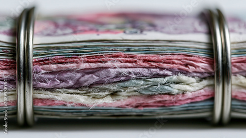 A metal coil tightly constricting a stack of crumpled banknotes.