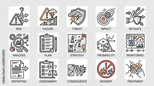 Professional Icons Set for Risk Management and Business Strategy Planning