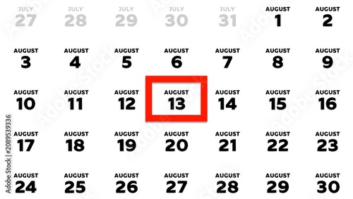 Close-up of August 13th date marked with a red cursor on a 2026 wall calendar