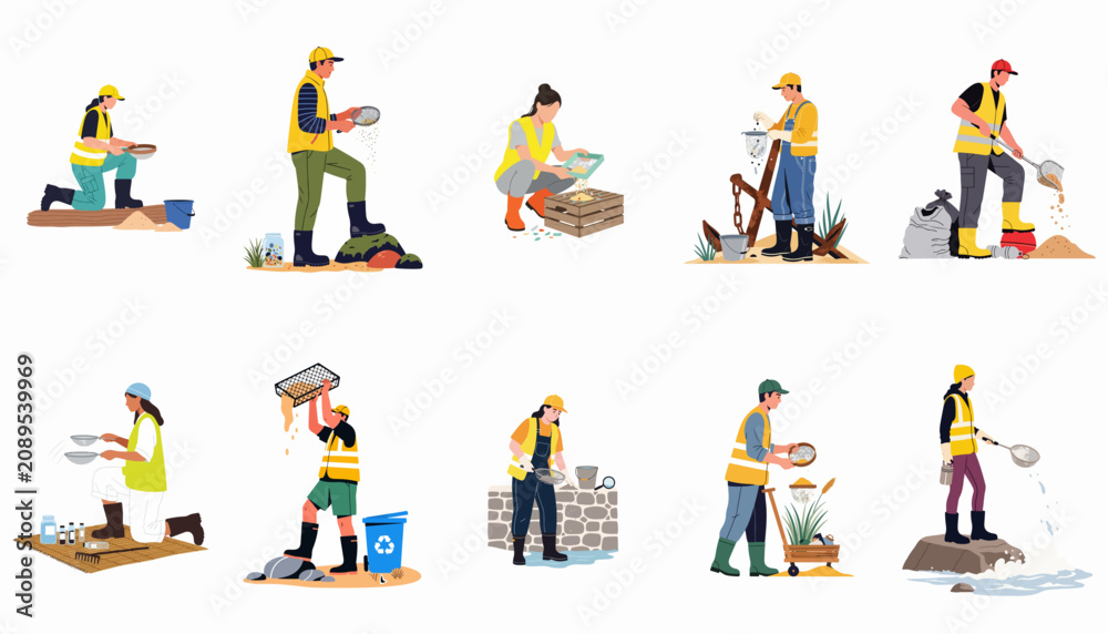 Fototapeta premium Flat illustration set of environmental volunteers and researchers sifting and cleaning debris from natural sites using sieves and specialized equipment.