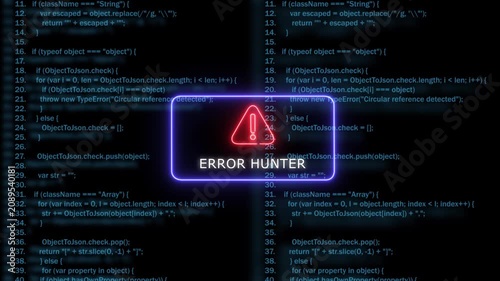 Error hunter warning sign over digital programming code background, for software development