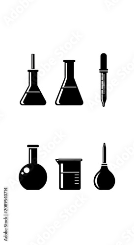 Minimalist laboratory glassware icons, black silhouette science equipment set, chemical research flask and pipette vector illustrations for medical branding