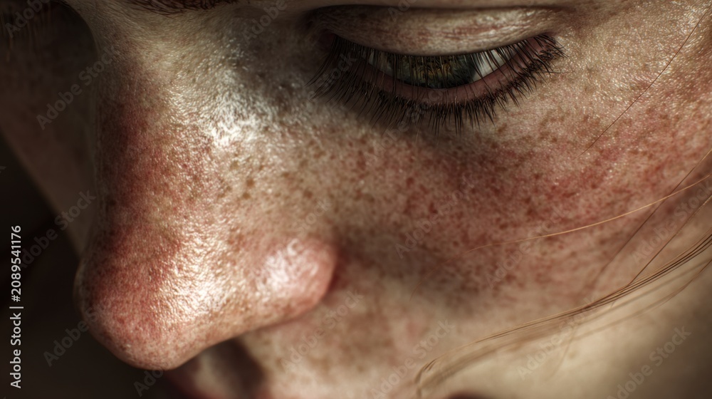Naklejka premium A womans face looking down sideways, very detailed, hyper realistic render 