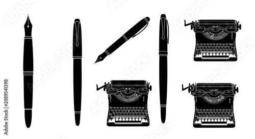 Vintage writing tools collection with fountain pens and antique typewriters, black silhouette vector set of 7 classic stationery elements