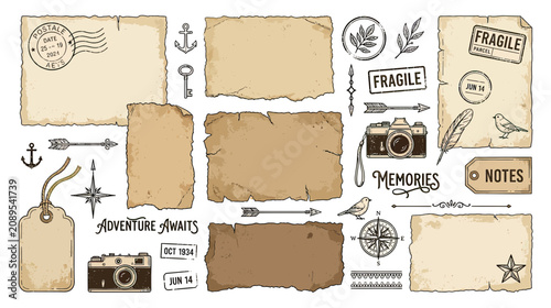 Vintage Travel Ephemera: Old Paper, Camera, Compass, Stamps, Notes