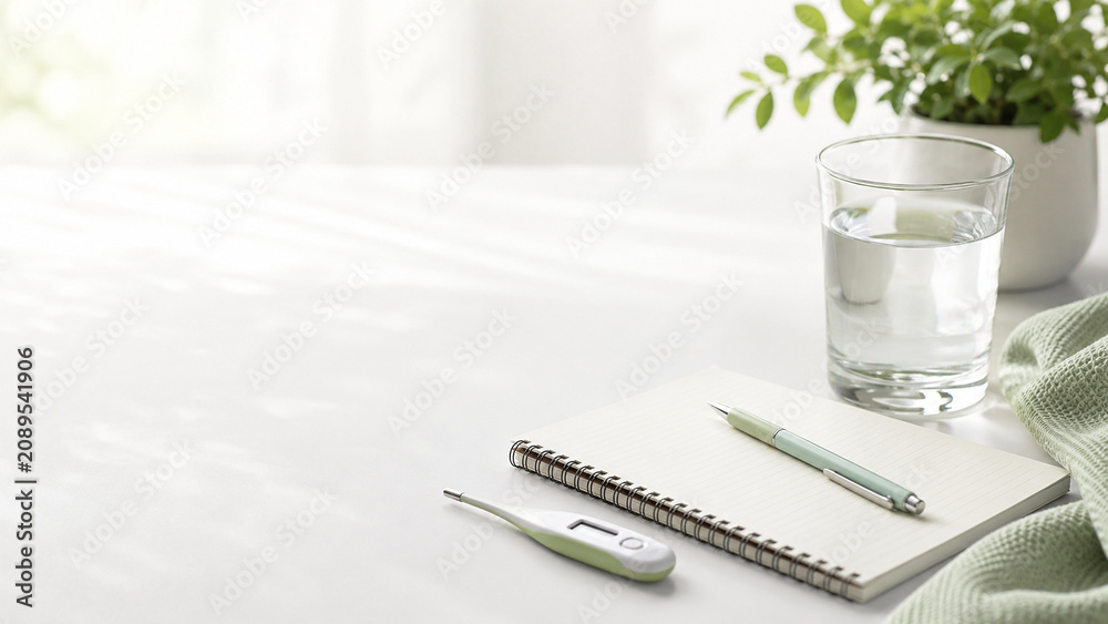 Fototapeta premium Fresh Morning Water Glass and Notebook on White Bed