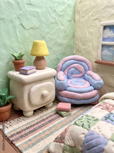 Cute Claymation Style 3D Render of a Cozy Pastel Bedroom Interior