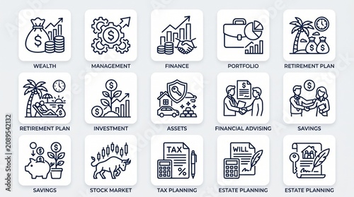Set of Fifteen Black and White Icons Depicting Financial Planning and Wealth Management Concepts on Light Background