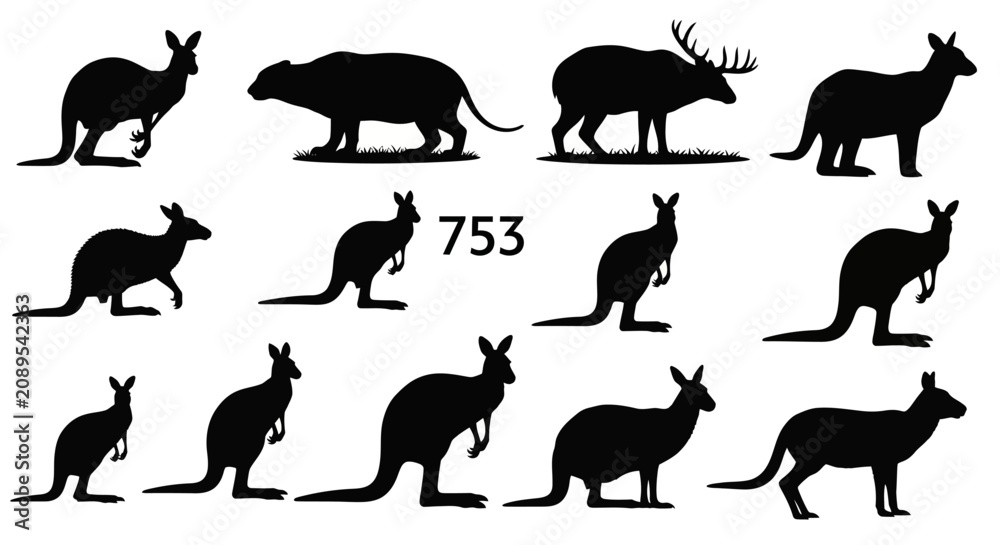Fototapeta premium Australian wildlife silhouette collection, kangaroo and wallaby black vector shapes, wild animal icons set for nature design and logos