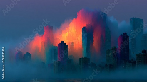 Abstract digital art of futuristic cityscape at twilight.