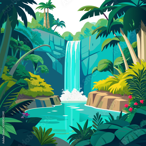 Bild auf Leinwand Secret Waterfall Oasis: A hidden tropical paradise background featuring a clean, vertical stream of a waterfall cascading into a crystal-clear turquoise jungle pool, surrounded by exotic ferns