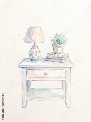 Delicate Watercolor Painting of a Bedside Table with Lamp and Potted Plant