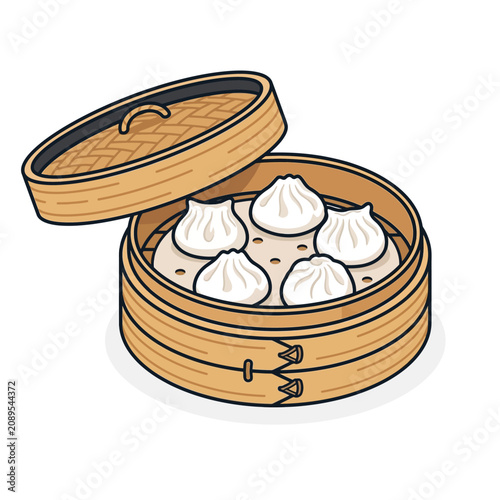 Illustration of traditional bamboo steamer basket containing delicious steamed dumplings isolated on white background.