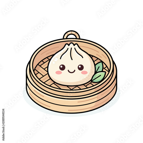 Cute cartoon dumpling character inside a bamboo steamer basket illustration.