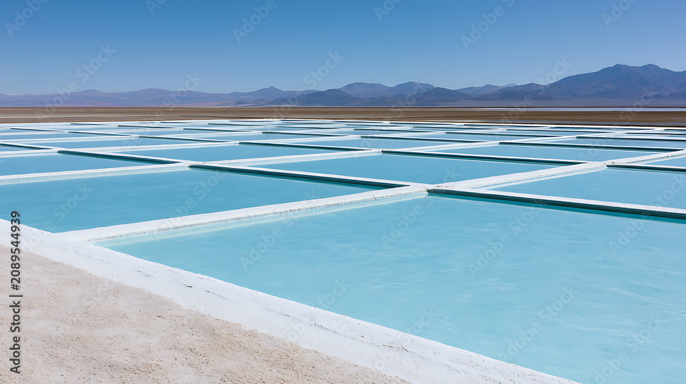 Fototapeta premium Vast expanse of square evaporation ponds with clear blue water under a bright sky, surrounded by arid landscape and distant mountains