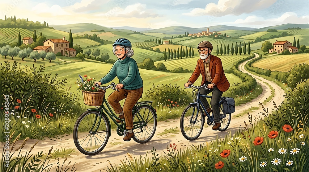 Fototapeta premium Senior couple riding bicycles through a scenic rural landscape