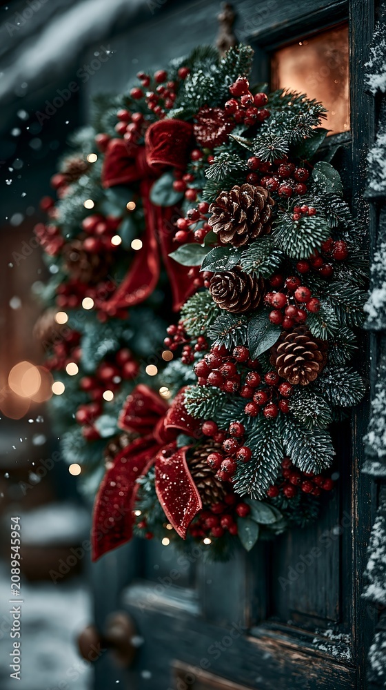 Obraz premium Festive Christmas wreath with red bow, pinecones, and berries on snowy door.