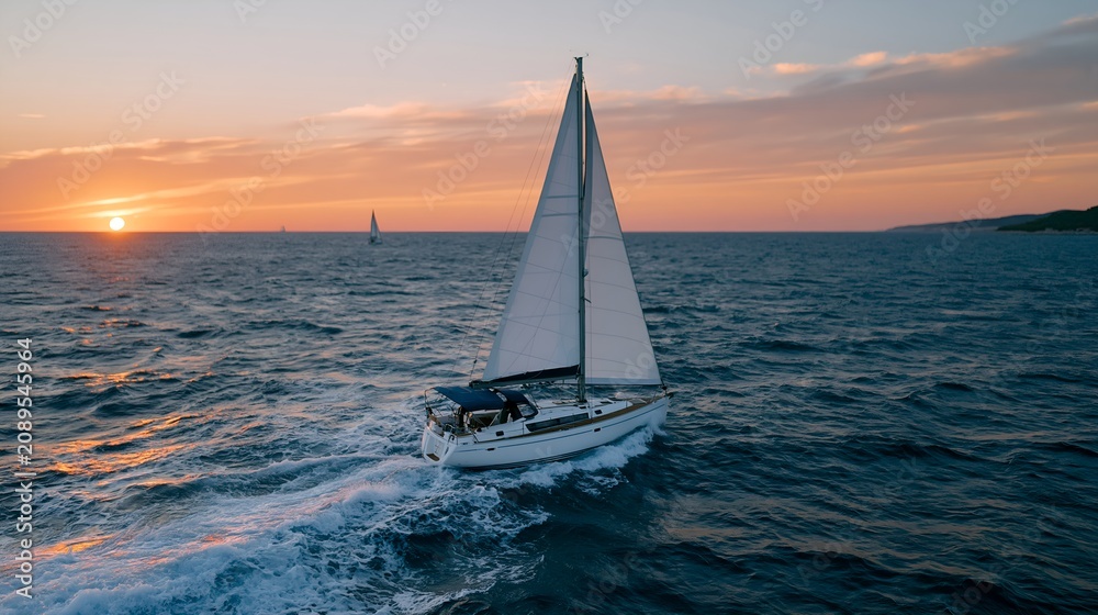 Fototapeta premium Aerial view of sailboat sailing on calm ocean during sunset.