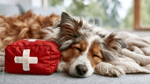 Sleeping dog with red first aid kit nearby on carpet.