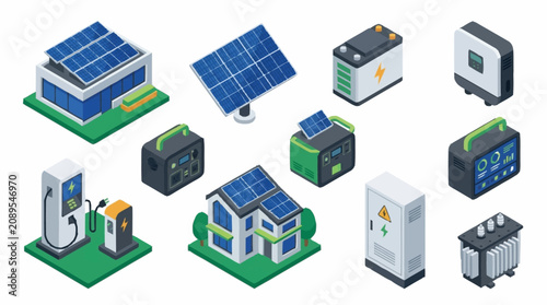 Foto Isometric illustration of solar energy and battery storage systems