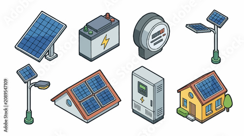 Foto Illustrated Collection of Solar Energy and Power Equipment.