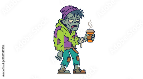 Photos Tired Zombie Holding Coffee Cup, Cartoon Character, Halloween Concept