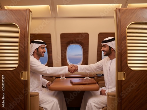 Two Arab businessmen shaking hands in a luxury first-class airplane cabin during flight