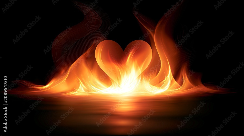 Fototapeta premium Abstract fire heart illuminating the dark background, glowing flame shape symbolizing love, passion, energy and emotional power with a dramatic creative design concept