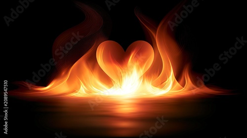 Abstract fire heart illuminating the dark background, glowing flame shape symbolizing love, passion, energy and emotional power with a dramatic creative design concept