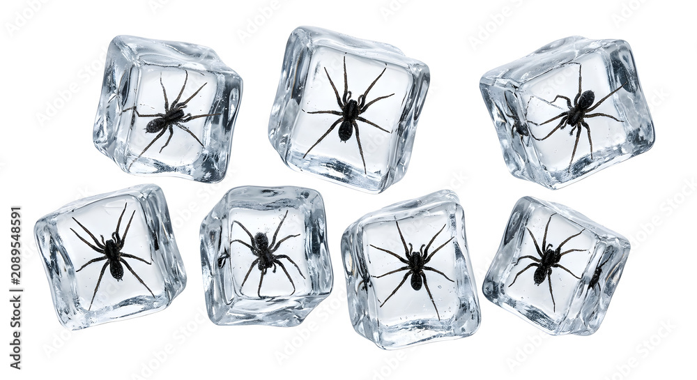 Fototapeta premium Black spiders frozen inside clear ice cubes