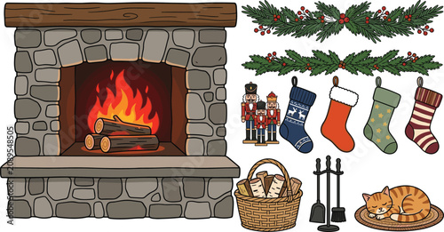 Cozy Christmas fireplace collection featuring stockings, garland, nutcracker, firewood basket, fireplace tools, and festive holiday decor vector set