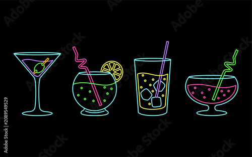 Tropical Cocktail and Martini Glasses Neon Icon Set