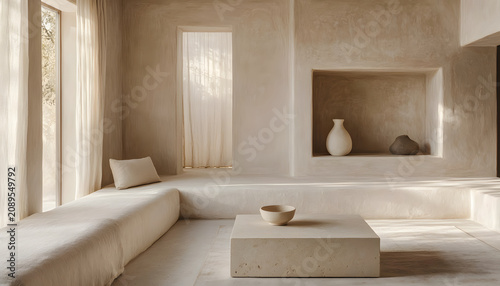 Sensory Plaster Minimalism: Serene minimalist living room showcases handcrafted plaster wall detail with natural light creating peaceful neutral interior design aesthetic