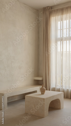 Sensory Plaster Minimalism: Serene plaster minimalism room showing minimalist living space with handcrafted wall bench table creating calm peaceful interior home design