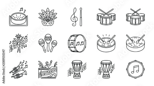 Quadro su tela Carnival Music Icons: Drums, Trumpets, Steel Pan, Maracas, Mask, Notes & More