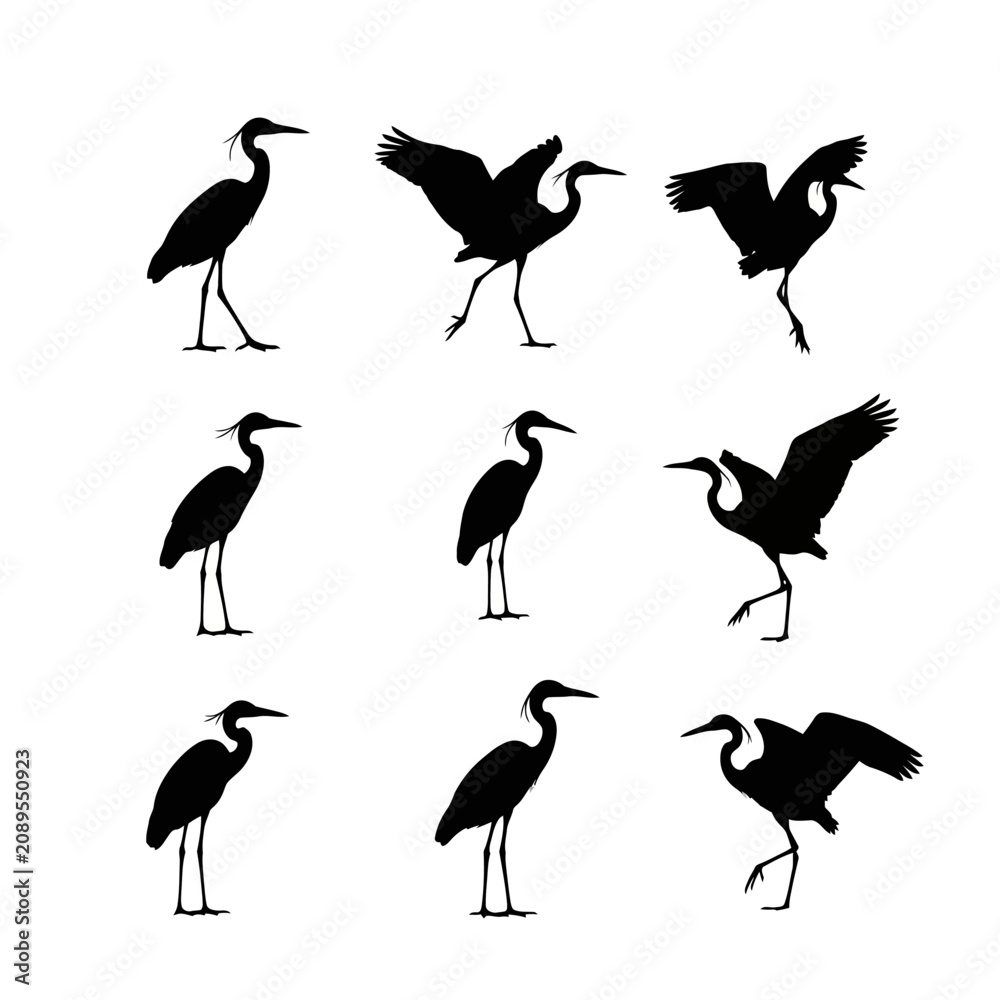 Obraz premium Heron bird silhouette collection, 9 black crane icons in flight and standing poses, elegant egret vector set for nature logos and wildlife design