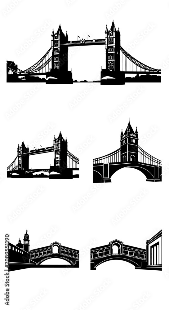 Obraz premium Black and white bridge silhouette vector set, famous European landmark icons, historic architectural bridge illustrations for travel design