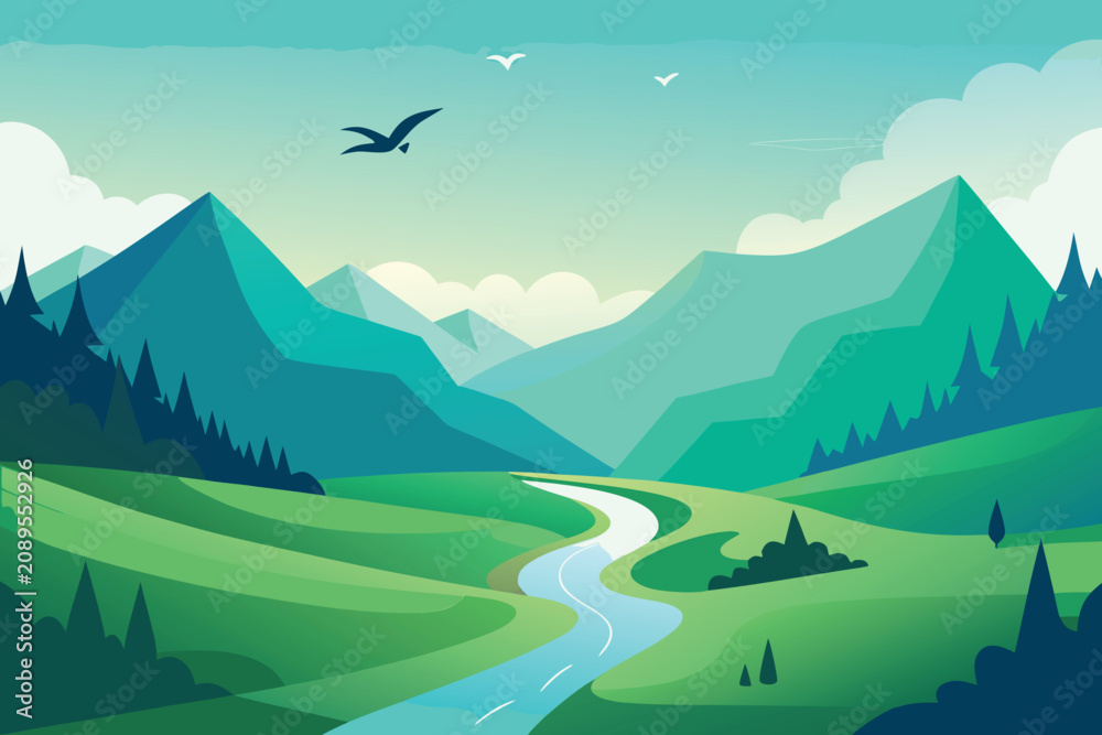 Fototapeta premium beautiful landscape vector design with green mountains, river and flying birds