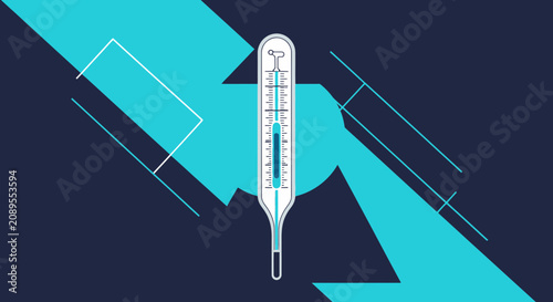 Illustration Of A Medical Thermometer And Abstract Blue Shapes On Dark Navy Background