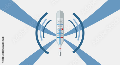 Illustration Of A Medical Thermometer And Abstract Blue Radio Waves, Fever Concept