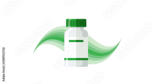 Illustration Of A Medicine Bottle, Surrounded By Green Graphic Elements On White Background