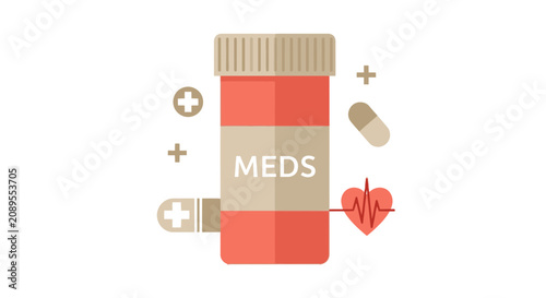 Illustration Of A Medicine Bottle, Pills, And A Heart Monitor, Flat Design Style